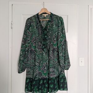 Michael Kors Black and Green Paisley Long Sleeve Dress
